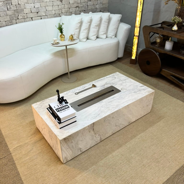 Mesa de Centro Vulcano com Lareira em Mármore Calacatta