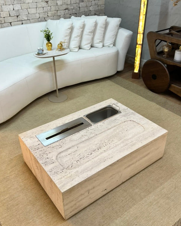 Mesa de Centro Vulcano com Lareira, Champanheira, e Rebaixo Italiano Mármore Travertino Romano