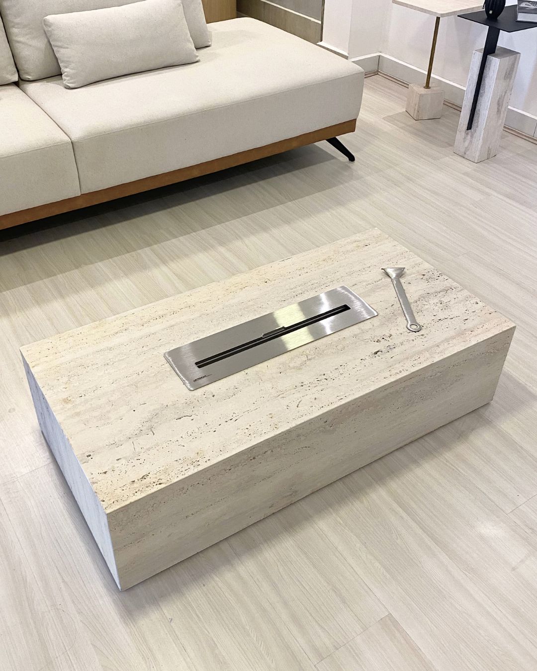 Mesa de Centro com Lareira Mármore Travertino Romano