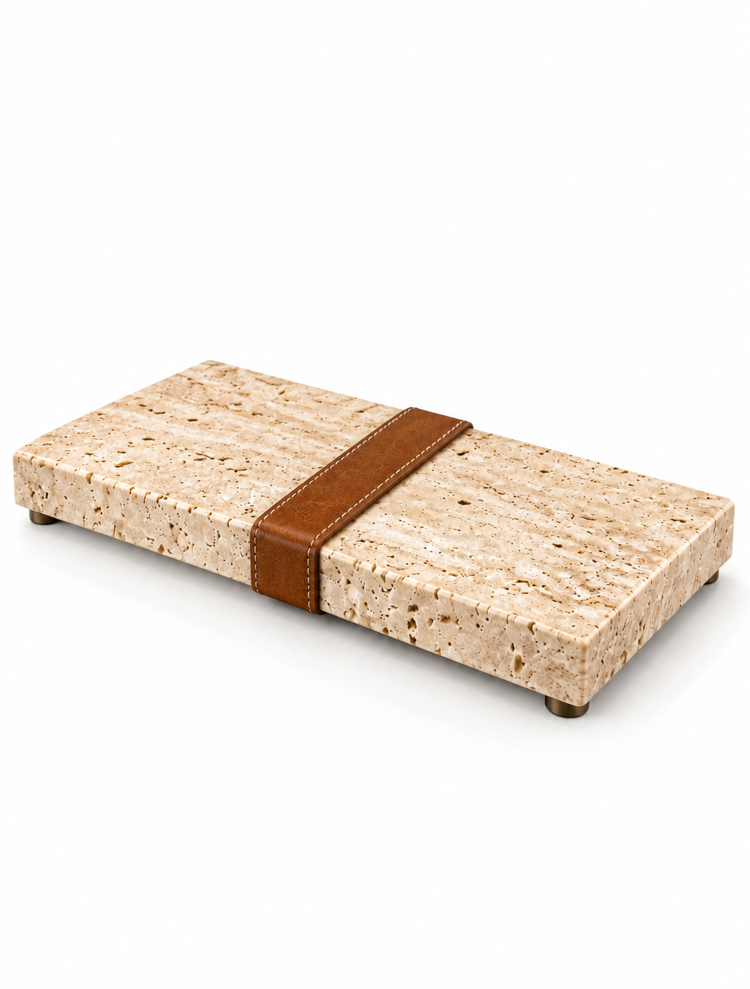 Bandeja em Travertino Romano com Detalhe em Couro — 24×12cm