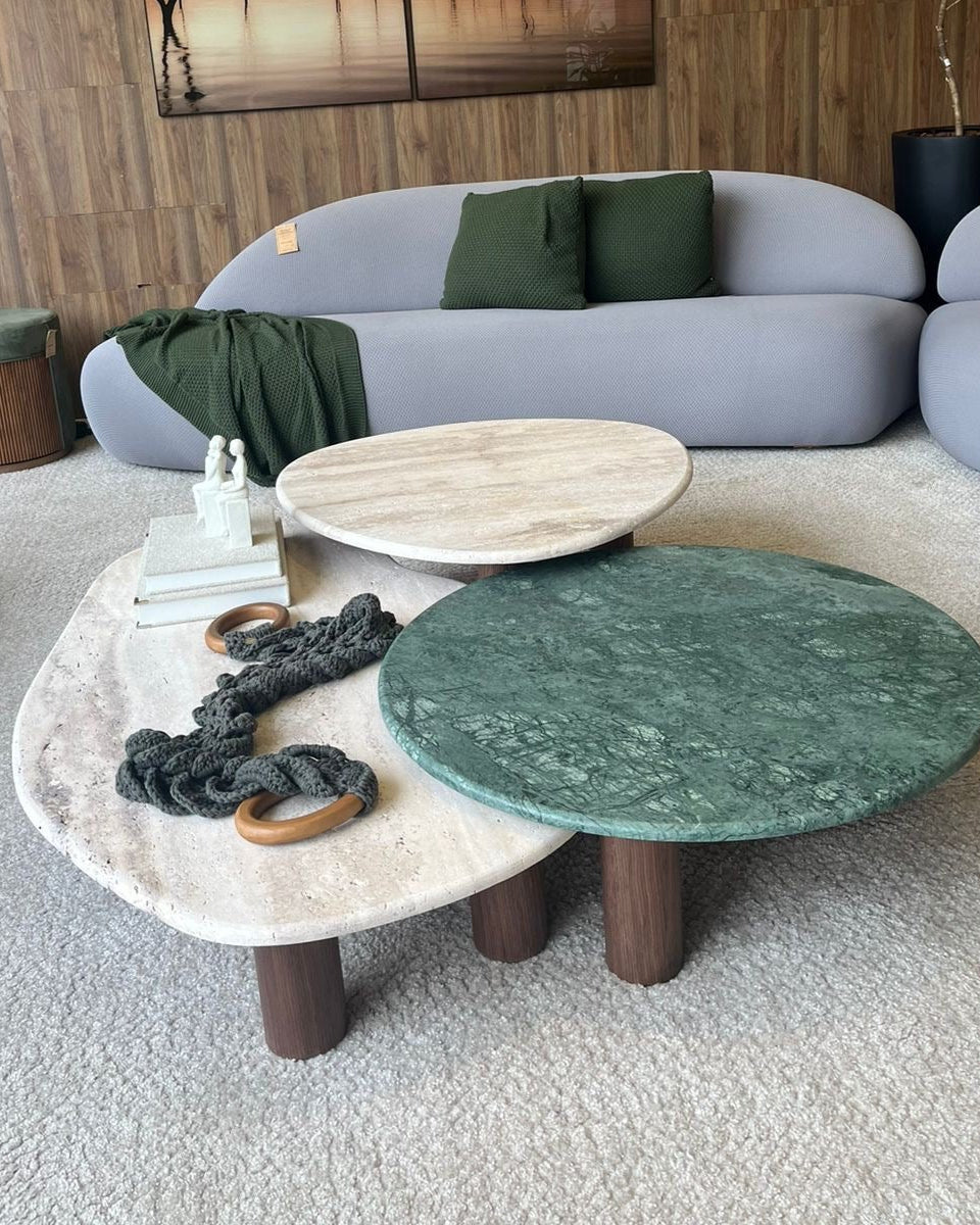 Mesa de Centro Trio Orgânico Misto - Mármore Travertino Romano e Verde Guatemala