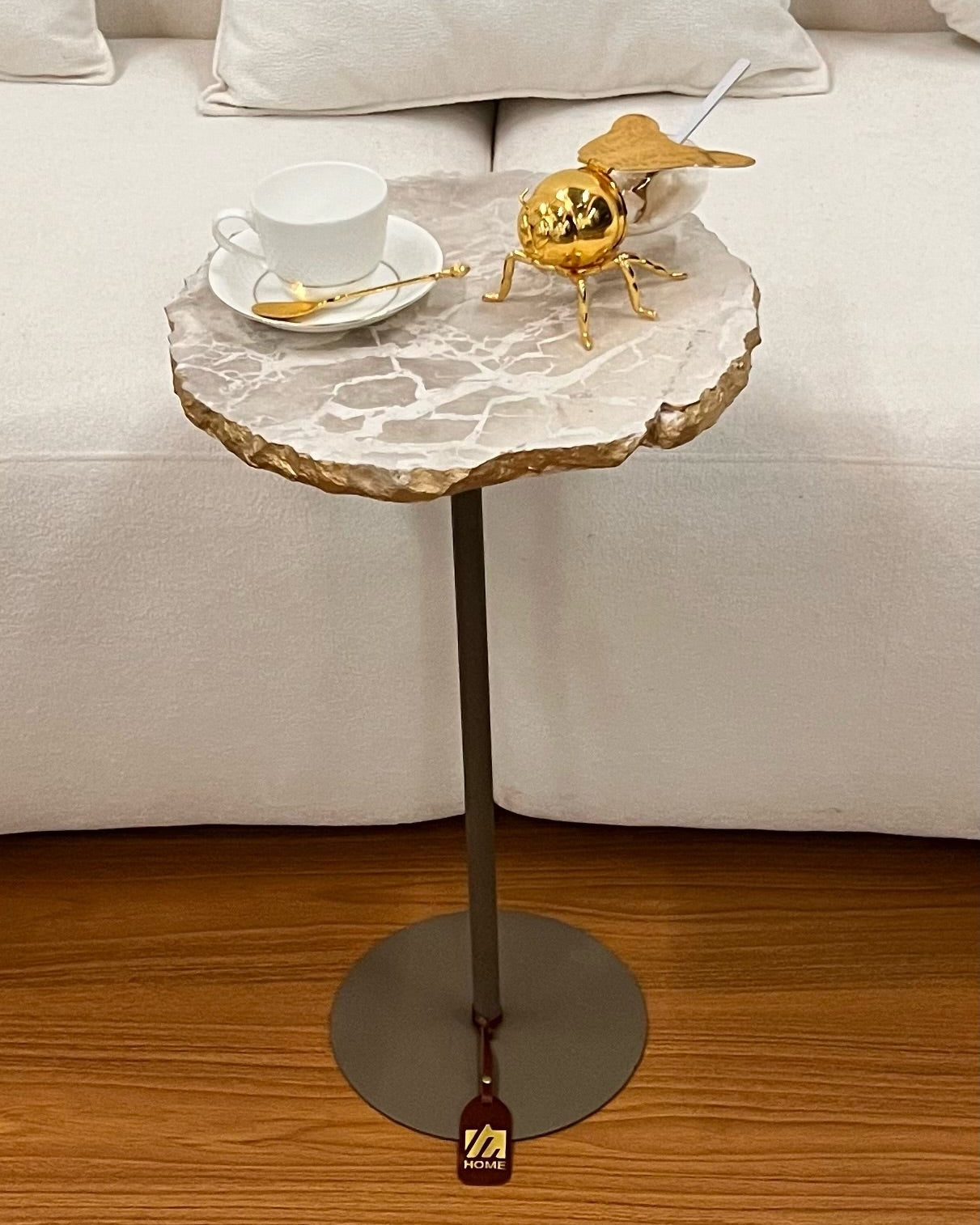 Mesa Orgânica Zera Mármore Travertino Cappuccino Ouro Metalik