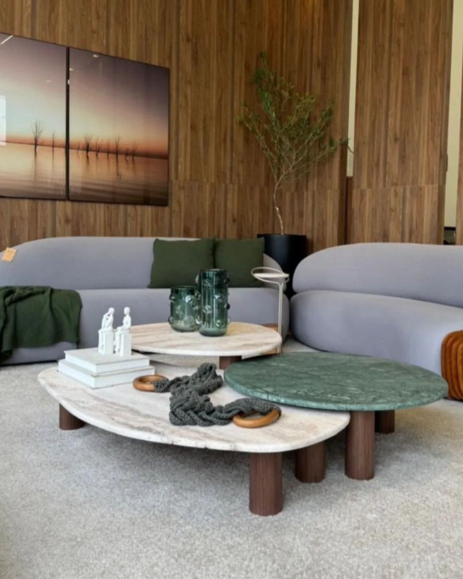 Mesa de Centro Trio Orgânico Misto - Mármore Travertino Romano e Verde Guatemala