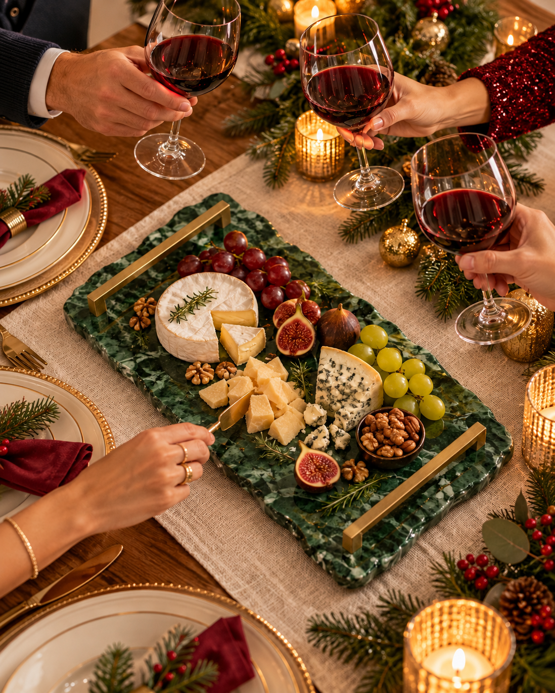 Mesa posta natalina com bandeja em mármore Verde Guatemala, queijos e mãos brindando com taças de vinho.