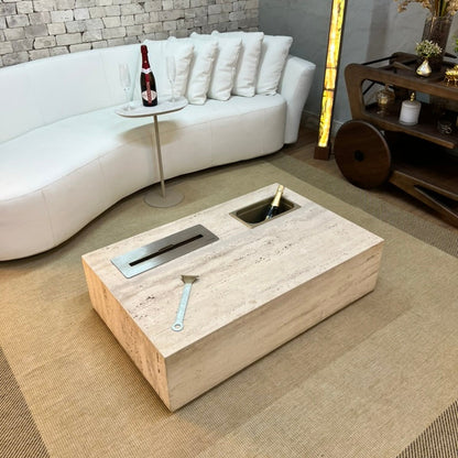 Mesa de Centro Vulcano com Lareira e Champanheira Mármore Travertino Romano