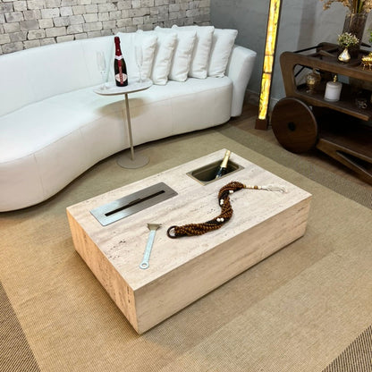 Mesa de Centro Vulcano com Lareira e Champanheira Mármore Travertino Romano