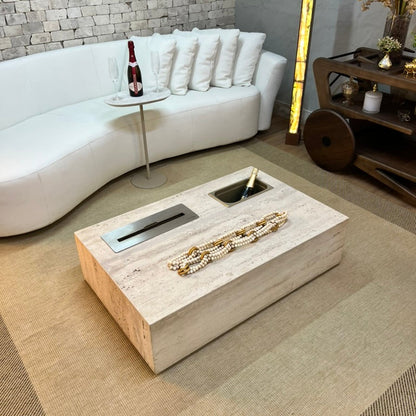 Mesa de Centro Vulcano com Lareira e Champanheira Mármore Travertino Romano