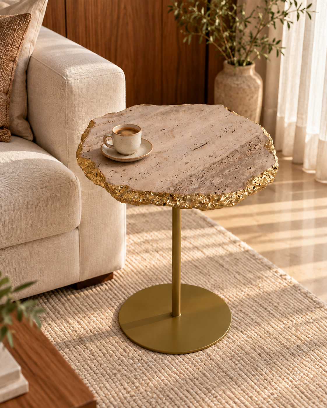 Mesa de Apoio - Travertino Romano Italiano - Borda com Folhas de Ouro (Impermeabilizado)