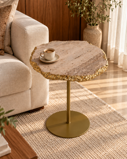 Mesa de Apoio - Travertino Romano Italiano - Borda com Folhas de Ouro (Impermeabilizado)