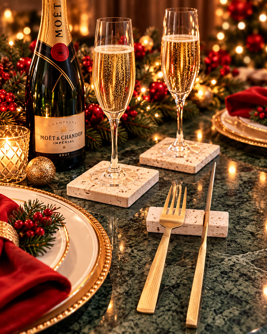 Kit Mesa Posta - Travertino Romano (Italiano) - Edição Especial de Natal - 08 Peças
