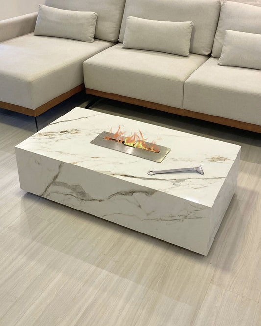 Mesa de Centro com Lareira Porcelanato Técnológico Calacatta Gold