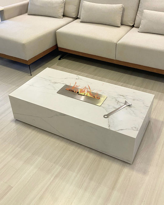 Mesa de Centro com Lareira Porcelanato Técnológico Calacatta Premium