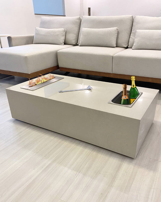 Mesa de Centro com Lareira Porcelanato Técnológico Crema Valência com Champanheia