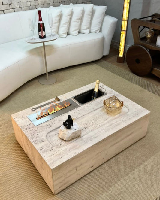 Mesa de Centro Vulcano com Lareira, Champanheira, e Rebaixo Italiano Mármore Travertino Romano