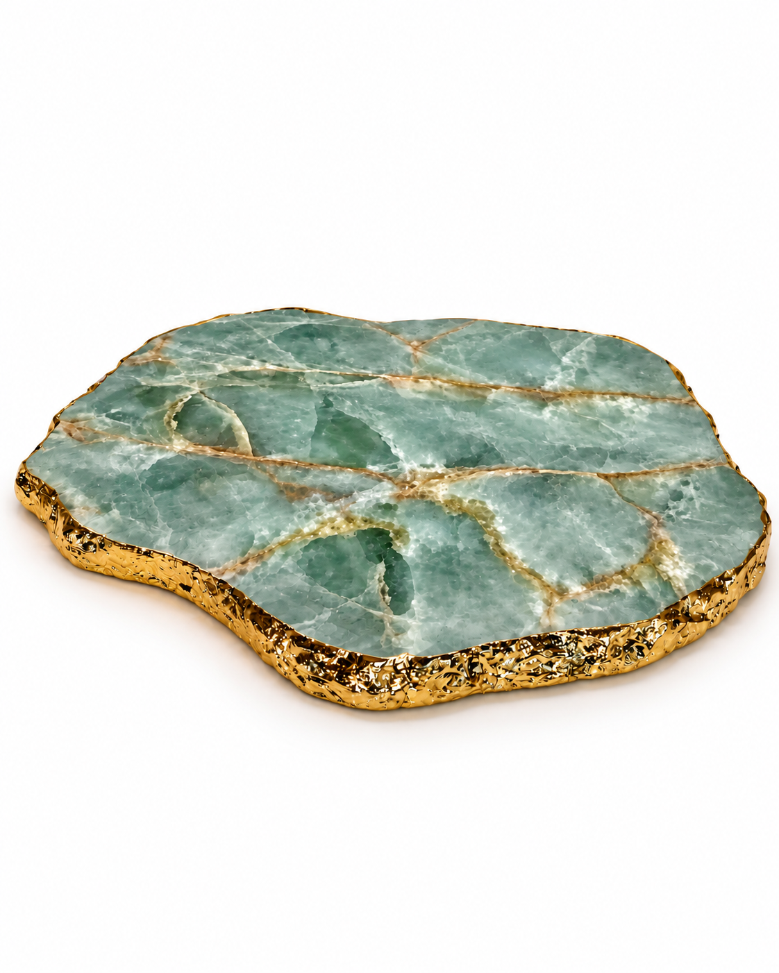 Bandeja Orgânica em Quartzito Verde Esmeralda com Folhas de Ouro — Ø30cm