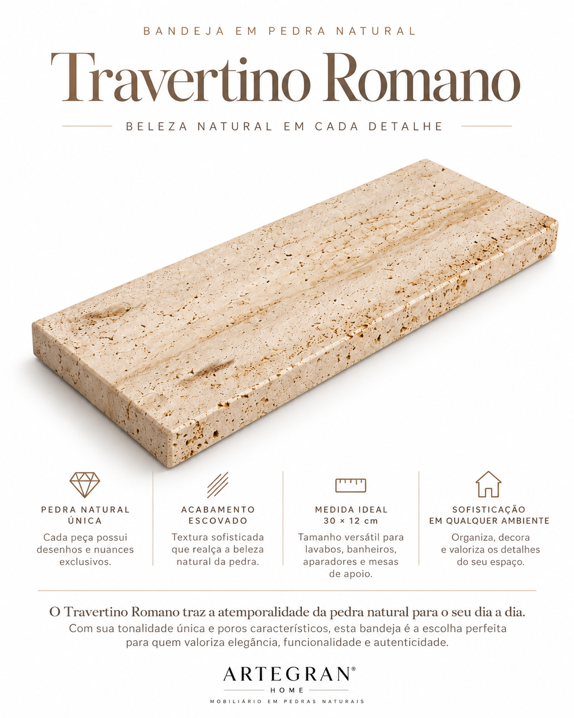 Bandeja em Travertino Romano - 30x12cm