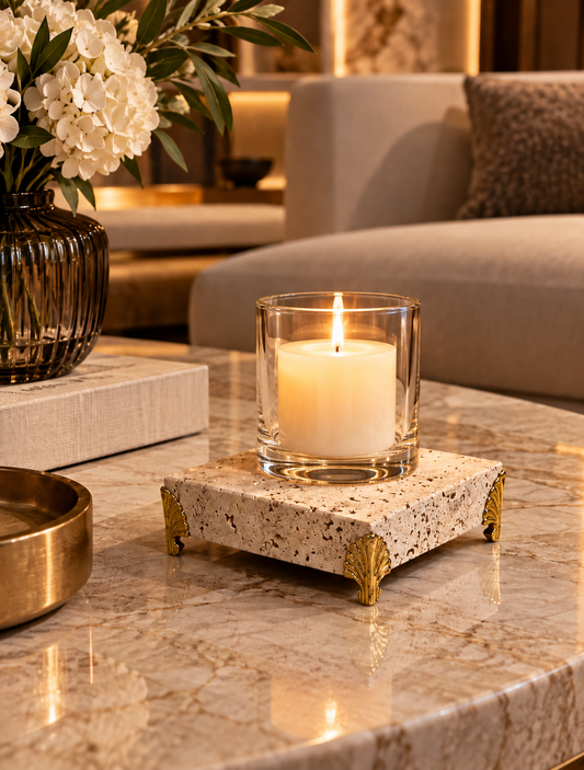 Porta Velas em Travertino Romano com Pés Dourados — 10×10cm