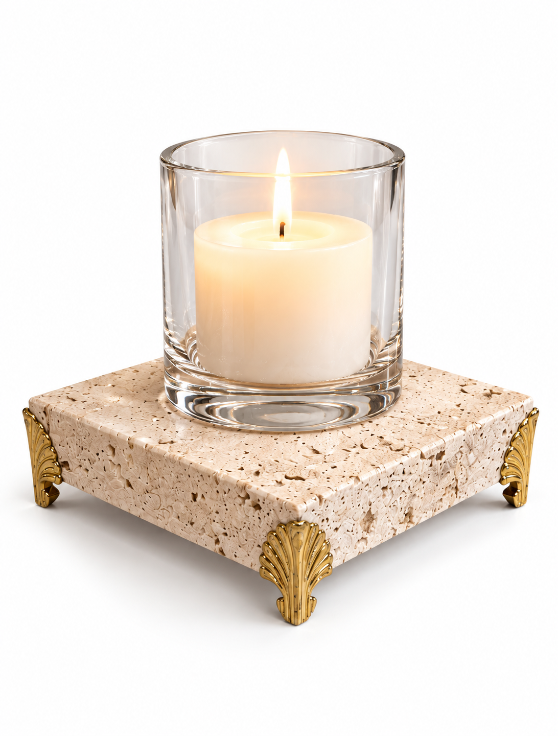 Porta-Vela em Travertino Romano com Pés Dourados — 10×10cm