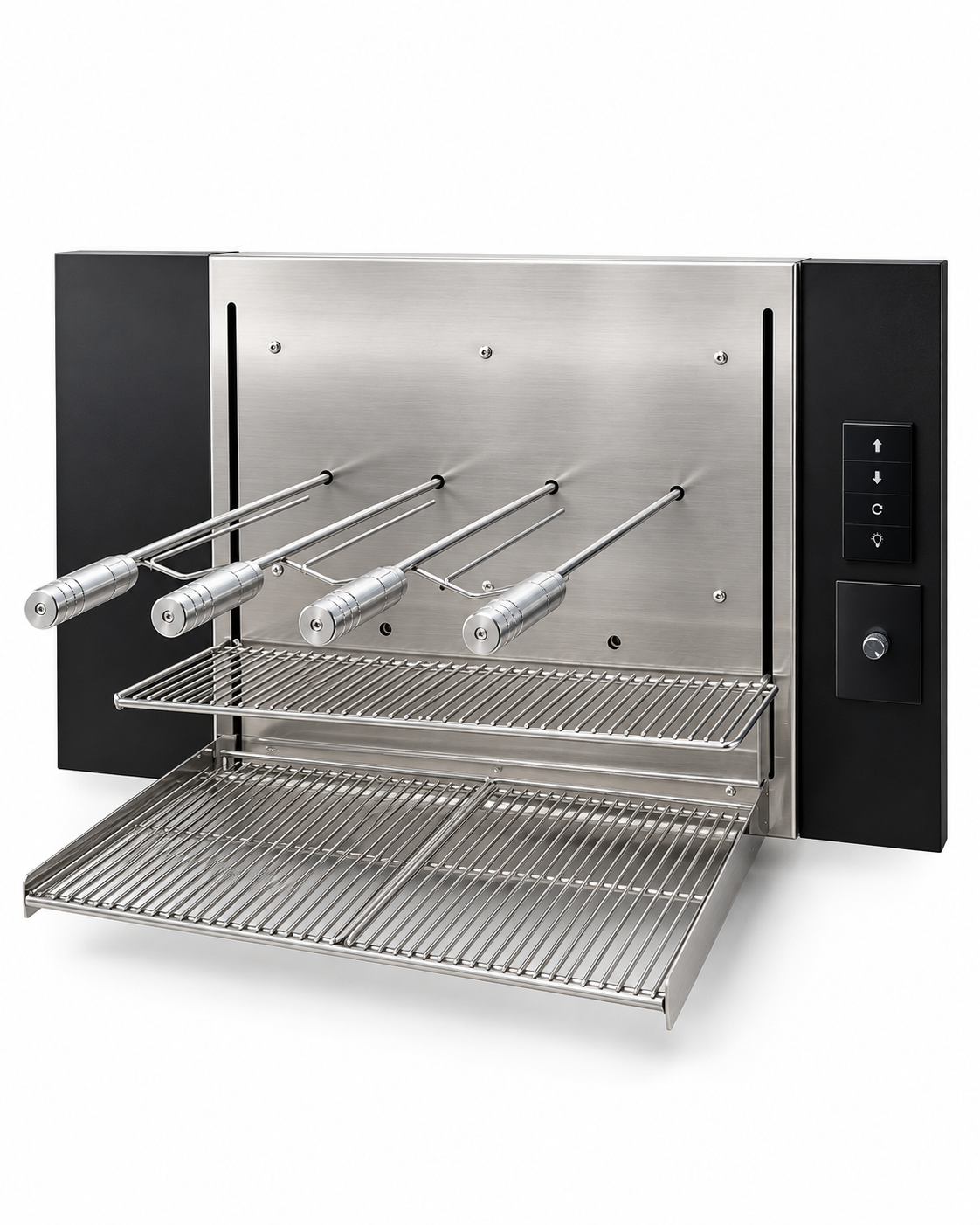 Churrasqueira automatizada ARTEGRAN HOME em inox, quatro espetos suspensos e duas grelhas, apresentada em fundo branco
