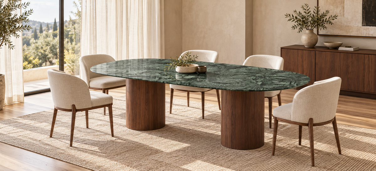 Mesa Grécia em mármore verde com duas bases em madeira, em sala de jantar iluminada. Ambientação ilustrativa.