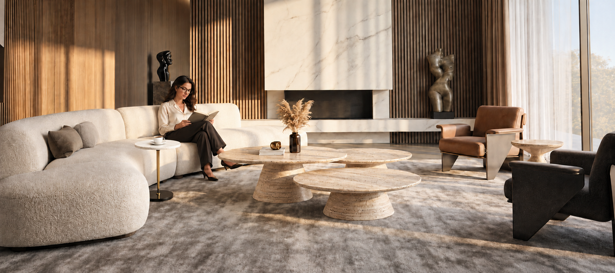Sala com mesas de centro em Travertino Romano, mulher lendo no sofá e mesa de apoio com café.