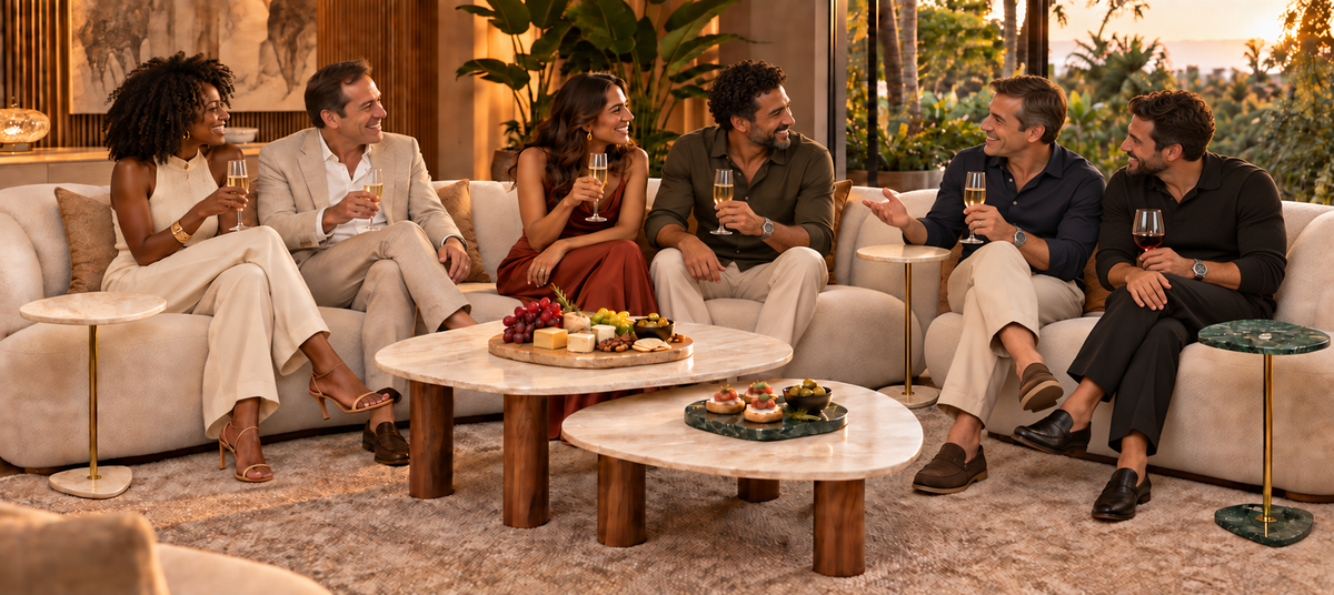 Três casais conversam em sala de estar com mesas orgânicas em travertino, mesas de apoio e bandejas de aperitivos. Ambientação ilustrativa.