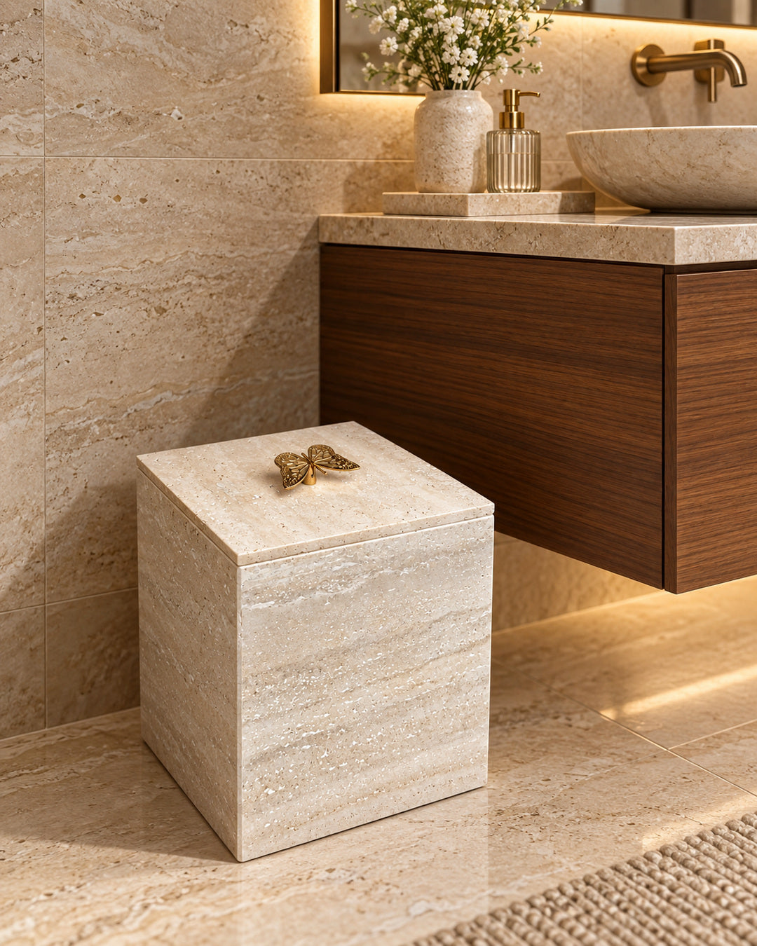 Lixeira em Travertino Romano Italiano com tampa e puxador borboleta dourado em banheiro luxuoso