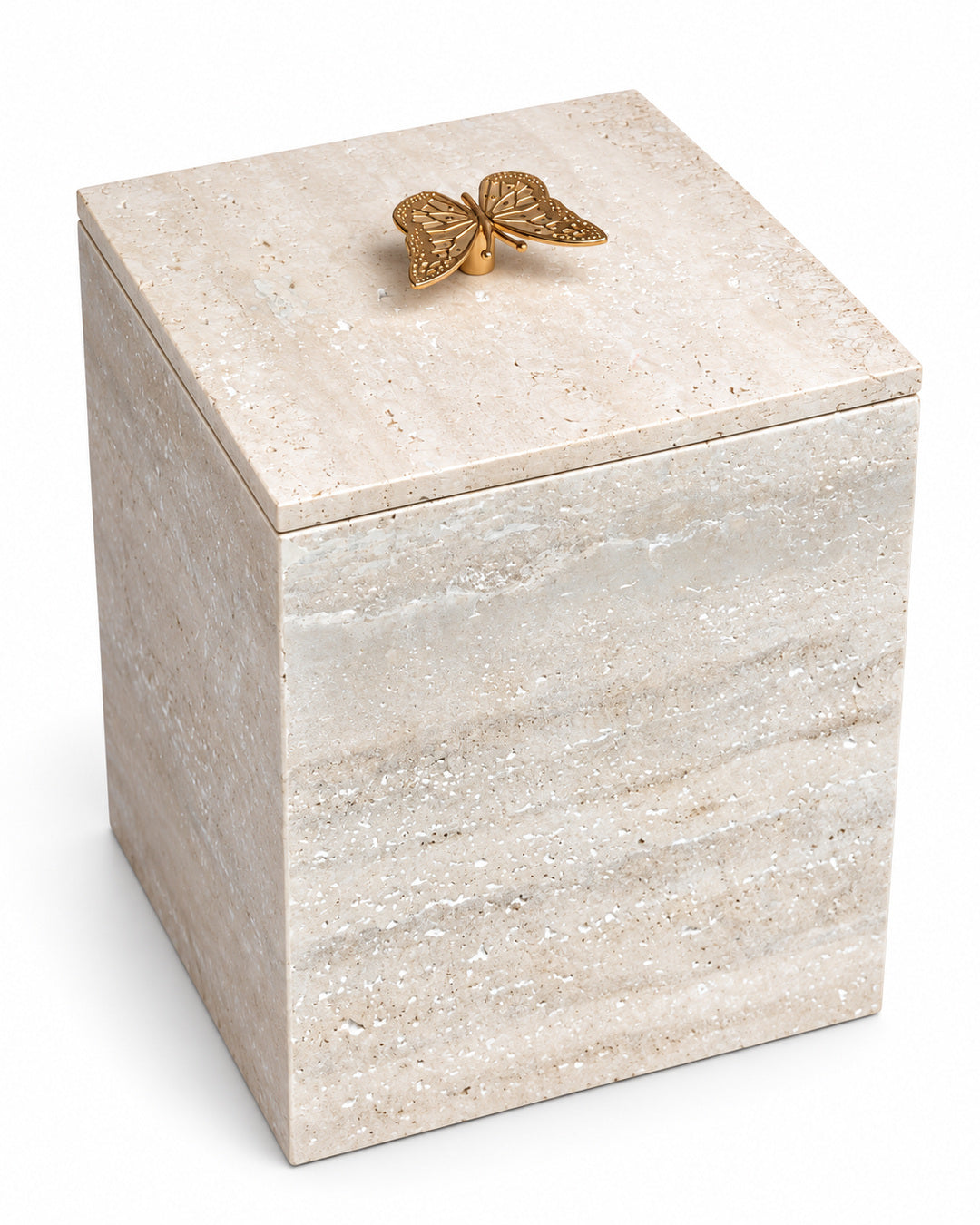 Lixeira em Travertino Romano Italiano de 20 x 20 x 25 cm com puxador borboleta dourado, fundo branco