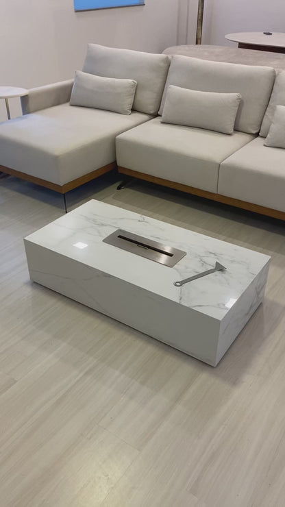 Mesa de Centro com Lareira Porcelanato Técnológico Calacatta Premium