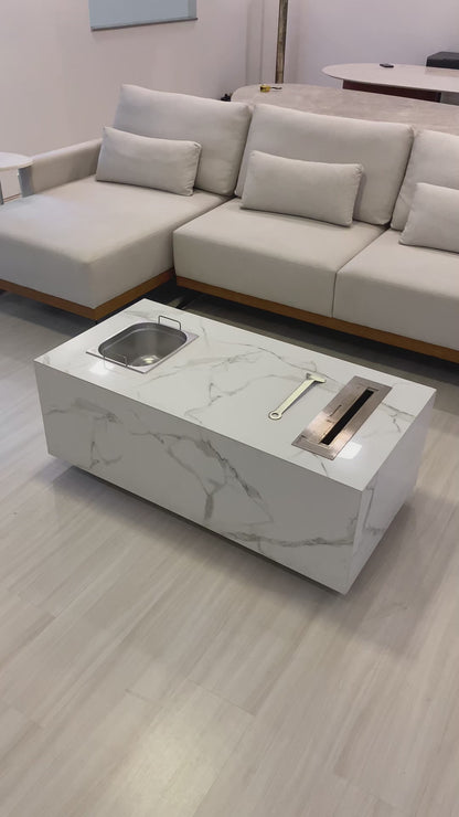 Mesa de Centro com Lareira Porcelanato Técnológico Calacatta Premium com Champanheia