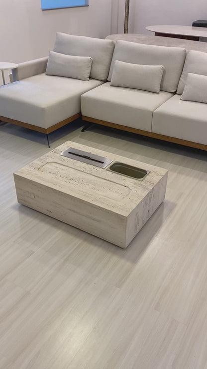 Mesa de Centro Vulcano com Lareira, Champanheira, e Rebaixo Italiano Mármore Travertino Romano