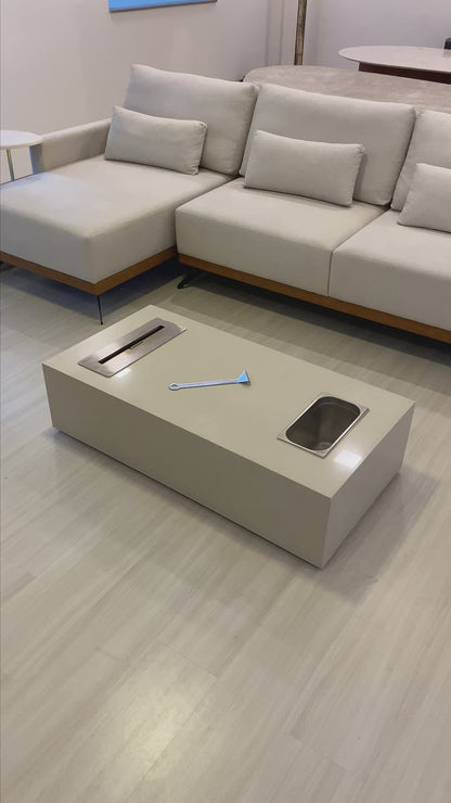 Mesa de Centro com Lareira Porcelanato Técnológico Crema Valência com Champanheia