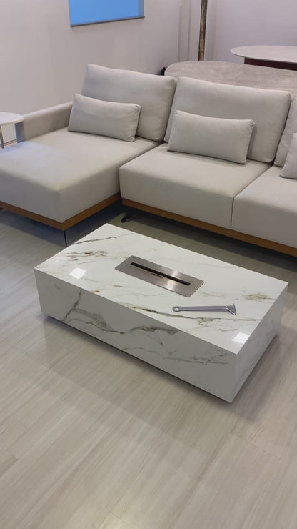 Mesa de Centro com Lareira Porcelanato Técnológico Calacatta Gold