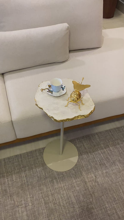 Mesa Orgânica Zera Mármore Travertino Cappuccino Ouro Metalik